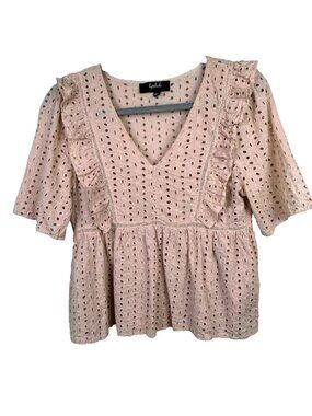 Lipslide Eyelet Ruffle Short Sleeve Top Nude Pink Cotton Blouse Peplum Shirt L